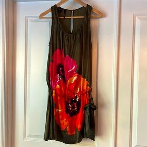 All silk sleeveless top. Olive green with pink and orange poppy flowers. Size 6.